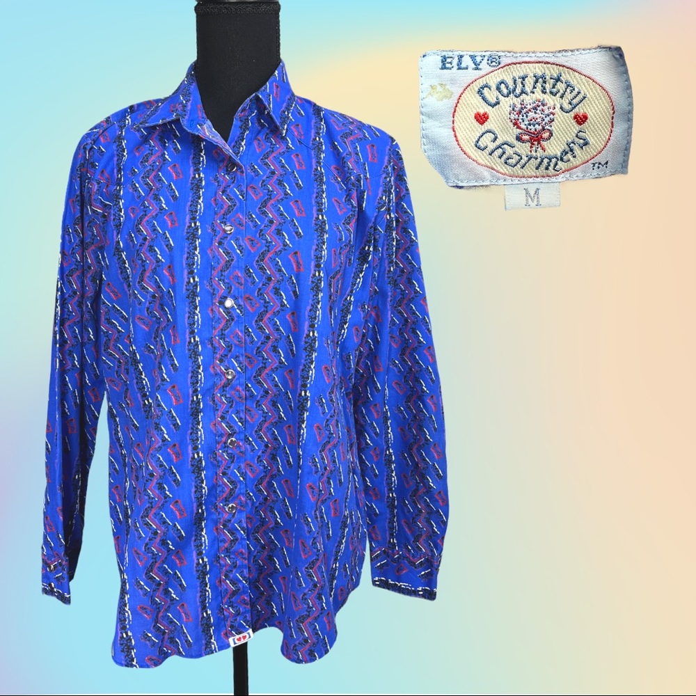 VTG Blue with Black & Red Patterned ELY Country Charmers Snap Button L/S Shirt